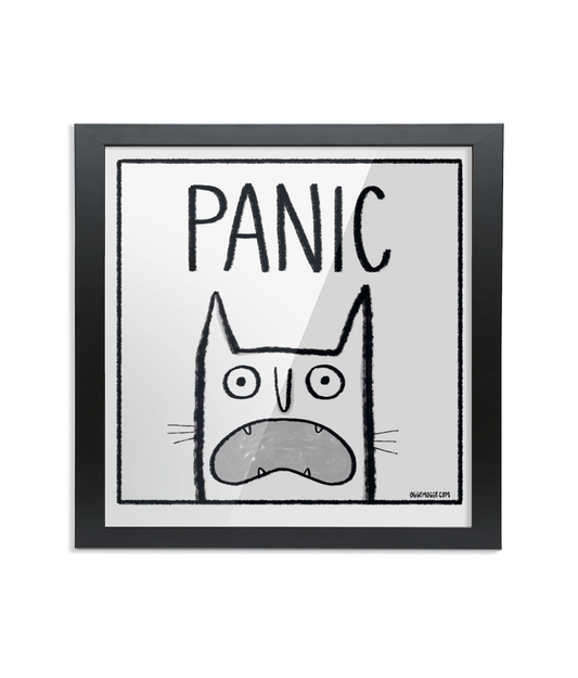 OggyMoggy 'PANIC' - Framed 12 x 12 inch Fine Art Print.