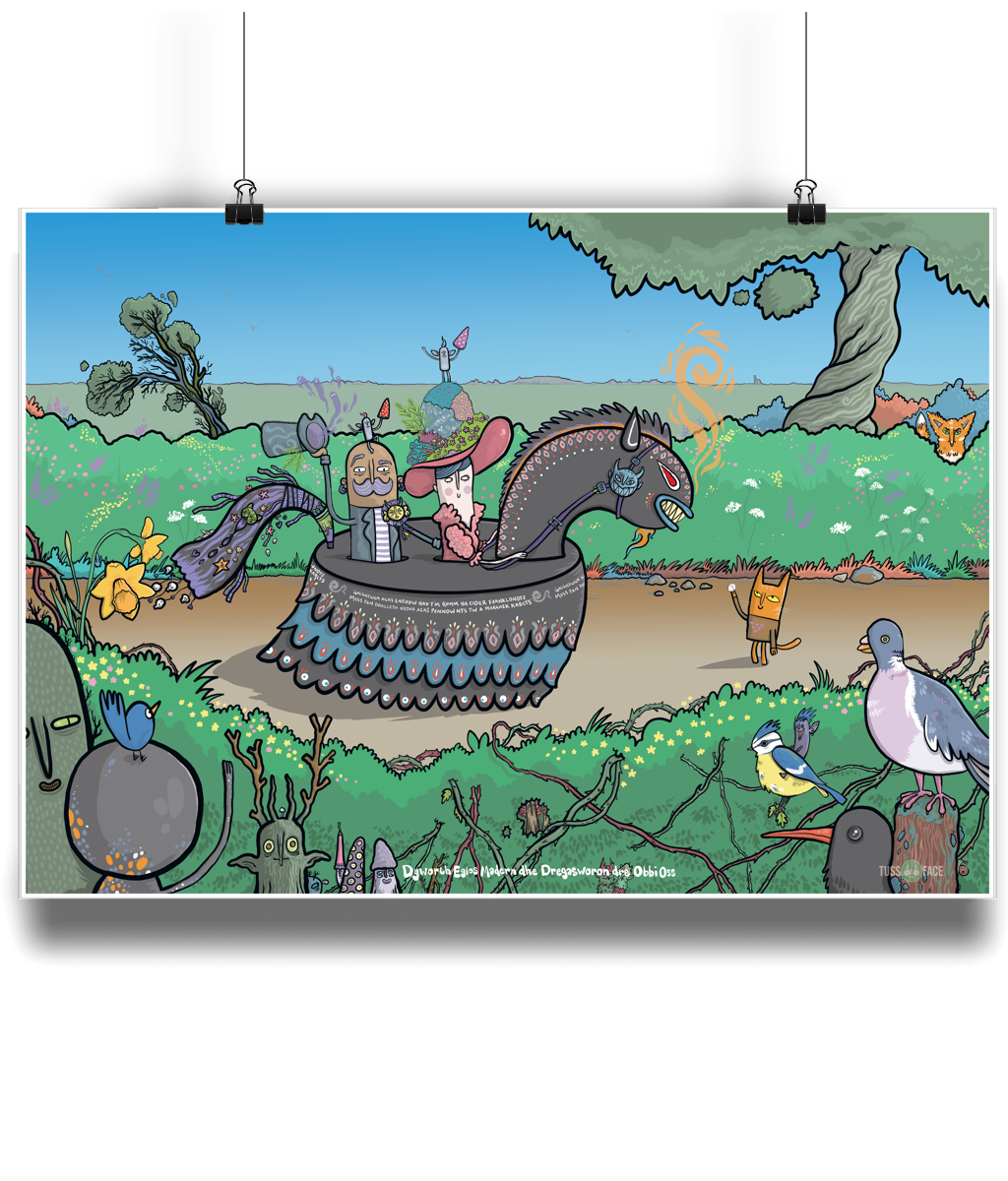Dyworth Eglos Madern dhe Dregasworon dre Obbi Oss (From Madron to Tregajorran by Obby Oss ) - TussFace Fine Art Print in A3 and A2