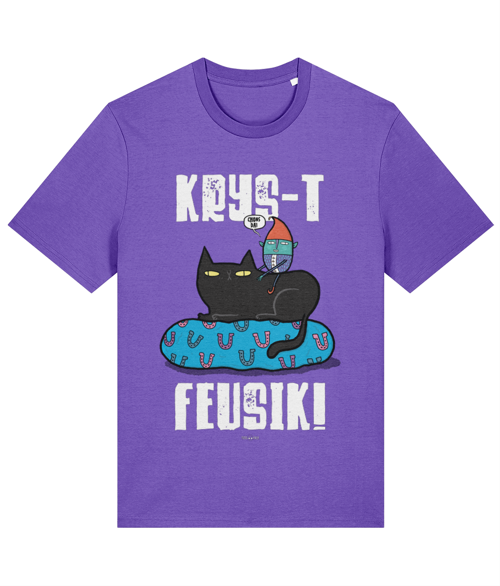 A purple t-shirt with a graphic print of a Cornish piskie sitting astride a black cat, surrounded by lucky horseshoes, and the text 'KAYS-T FEUSIK!' on the front.