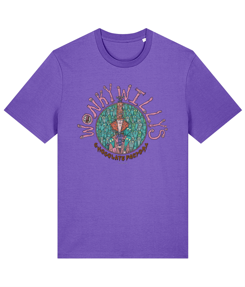 A purple organic cotton T-shirt with a graphic print of wonky willy's chocolate factory character on the front.