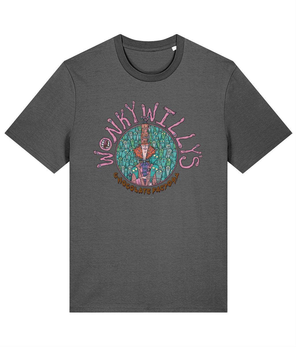 A gray organic cotton T-shirt with a graphic print of wonky willy's chocolate factory character on the front.
