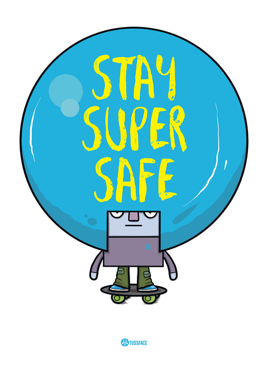 Stay Super Safe illustration of a skater wearing a massive crash helmet
