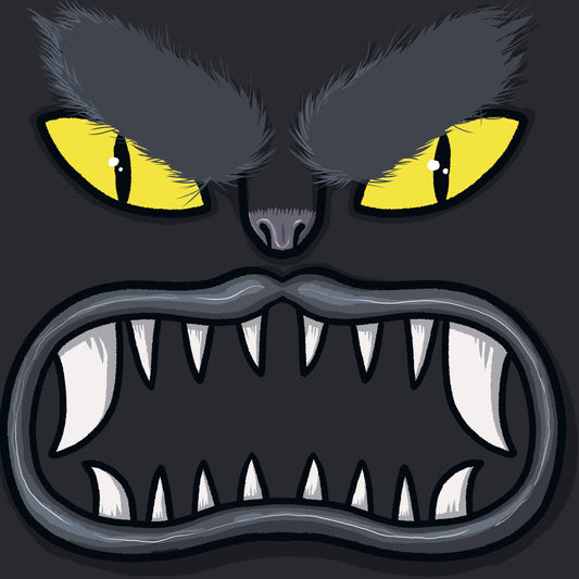 Illustration of a menacing creature's face with yellow eyes and sharp teeth on a dark background