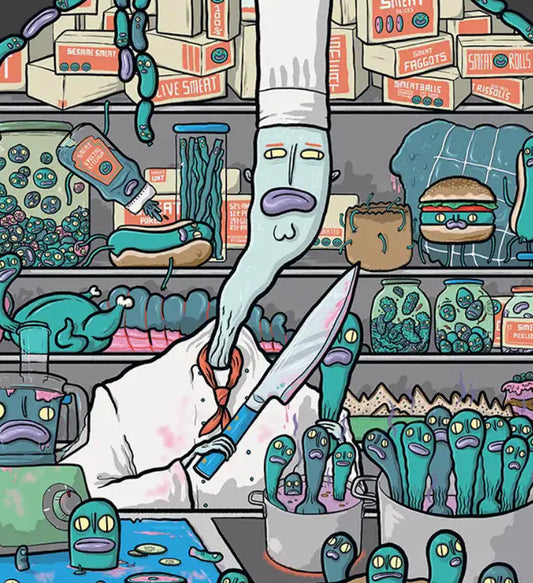 Illustration of a chef with a knife in a kitchen filled with various food items and characters.