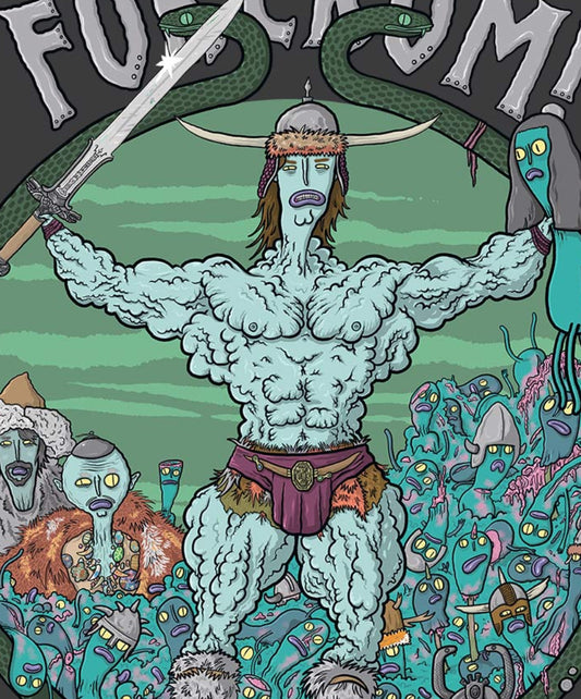 Illustration of a muscular figure with a sword, surrounded by smaller figures, on a dark background.