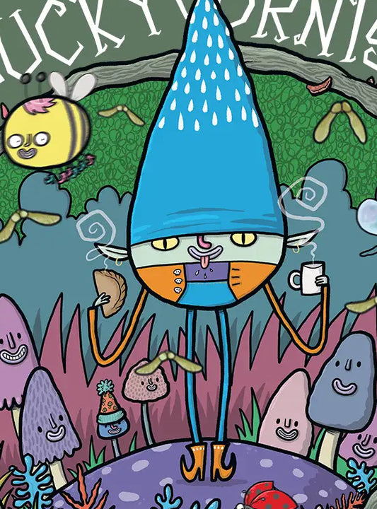 Illustration of a character with a blue cone hat in a colorful, cartoon-like landscape with text 'Lucky Cornish' and 'Piskie'.