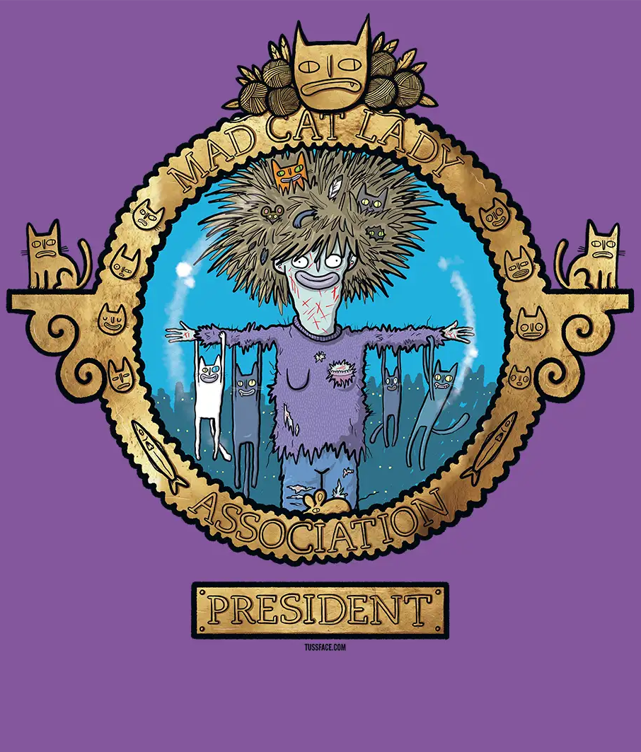 Illustration of a character with in ragged clothing.
 'Mad Cat Lad Association' text on a purple background