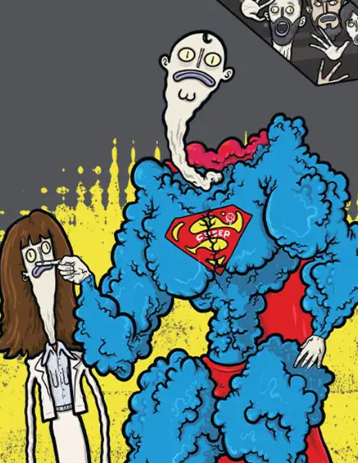 Cartoon character with SuperCreep logo interacting with a woman on a grey background
