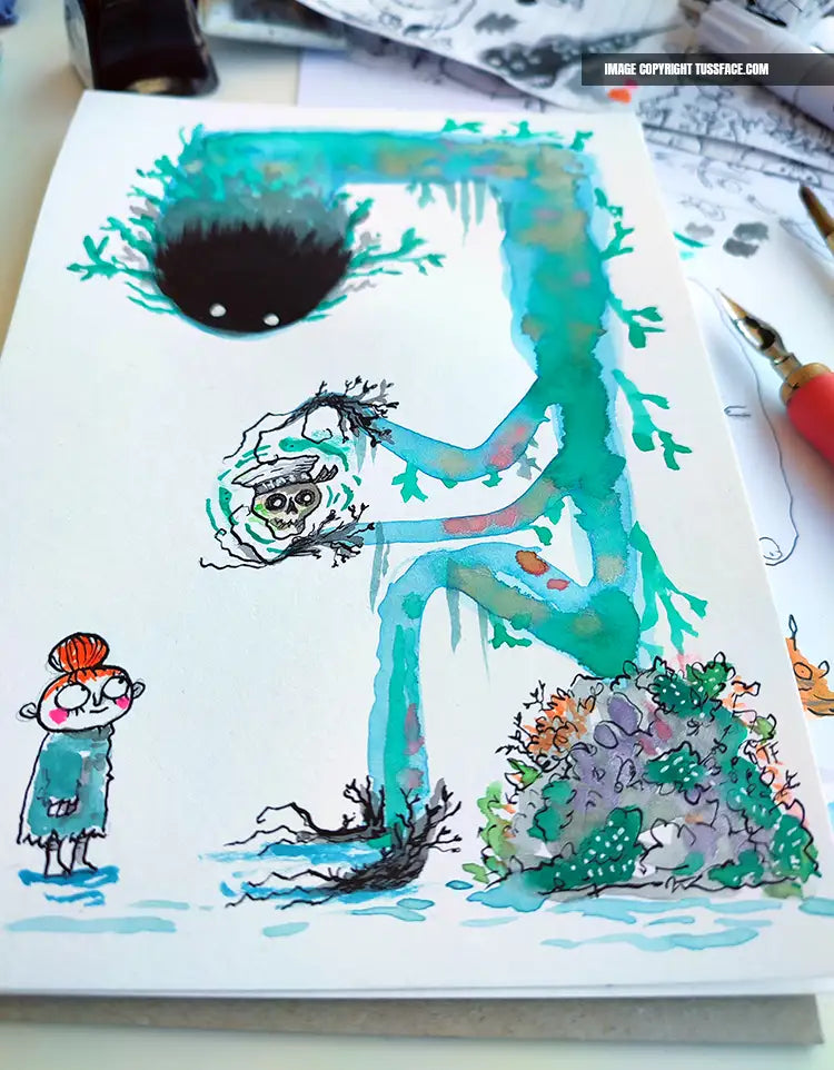 Colourful illustration of a large creature and a small female figure on a white background